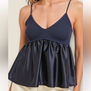 Zara Navy Satin-Trim Ribbed Spaghetti Strap Tank
